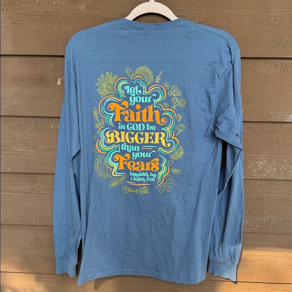 Blessed Girl “Let your Faith in God…” Blue Cotton Shirt size M - Picture 3 of 3